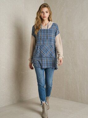 Oli & Hali Plaid Distressed & Waffle Knit Hoodie with Kangaroo Pocket - Medium